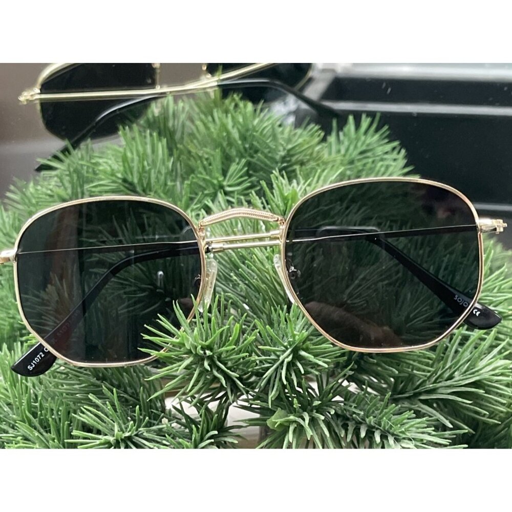 Sojos Sunglasses Thin Wire Framed Gold Metal Flat Angle Lens Tinted